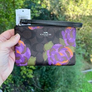 COACH  Women's Rose Print Signature Canvas Wristlet Multicolor NWT